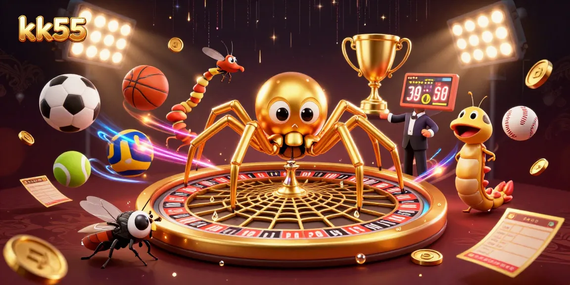 kk55 spins excitement at an online casino with a spider spinning a roulette web and sports elements