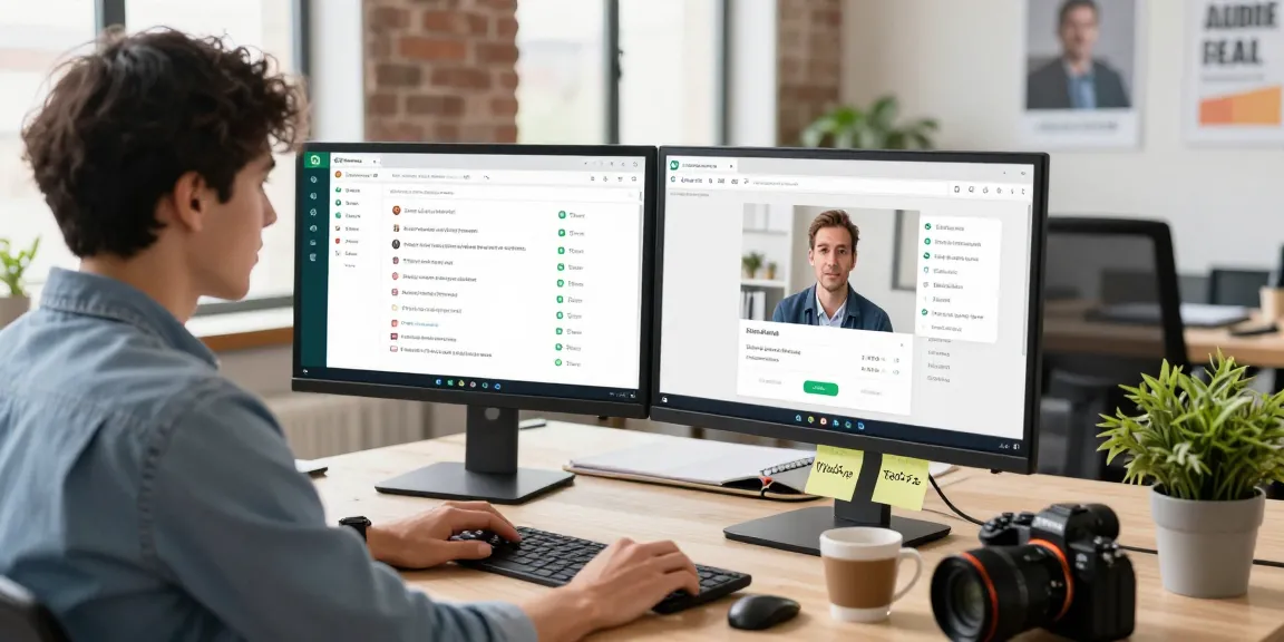 Professional using WhatsApp網頁版 on desktop, collaborating via video call in a modern office.