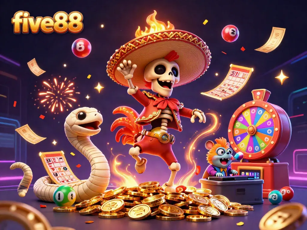 Join the fun with five88 as a skeleton mariachi dances amid colorful casino elements in a vibrant celebration.