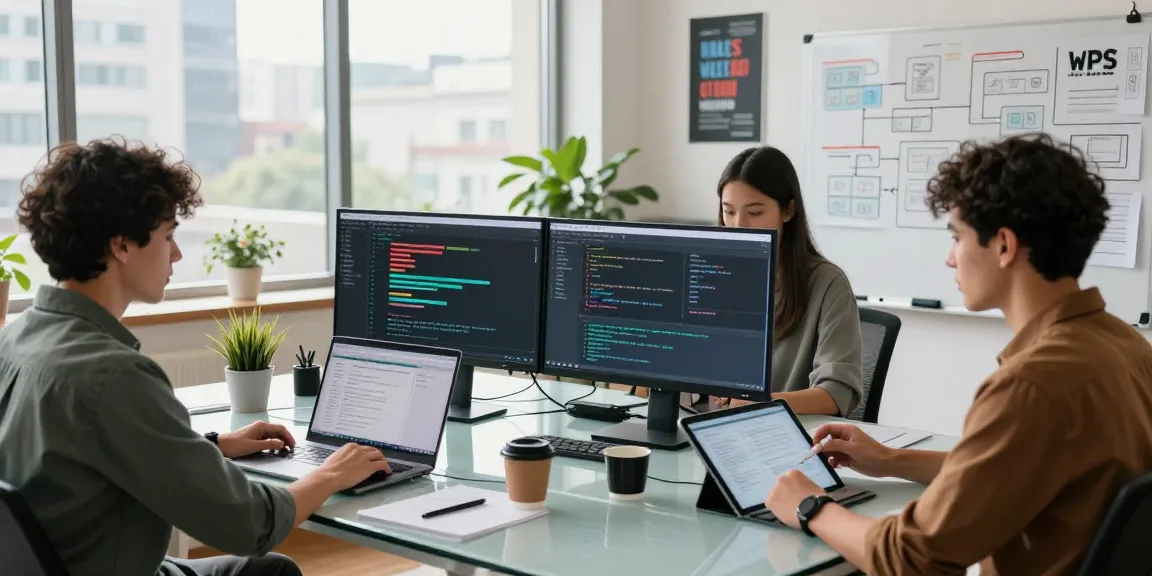 A productive team collaborating in a modern workspace, focusing on the WPS Official Website.