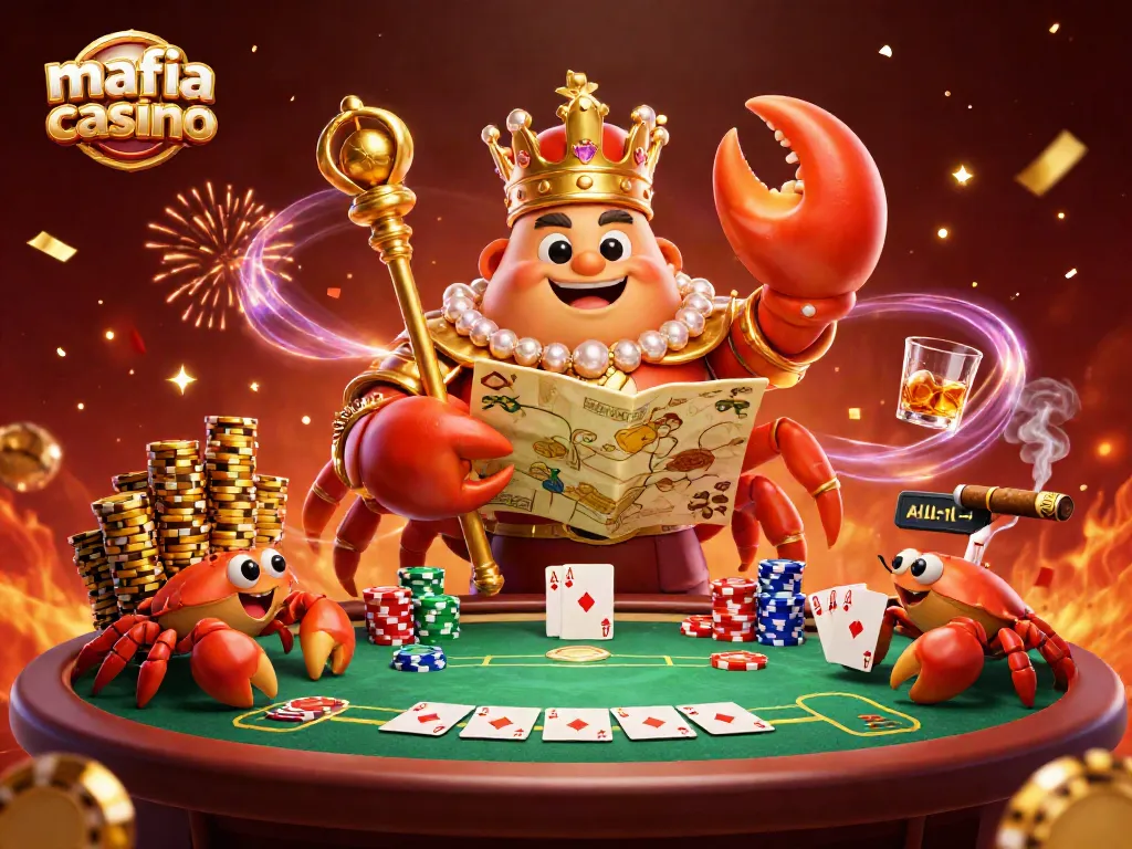 Mafia casino features a golden crab emperor and hermit crab servants amidst a vibrant poker scene.