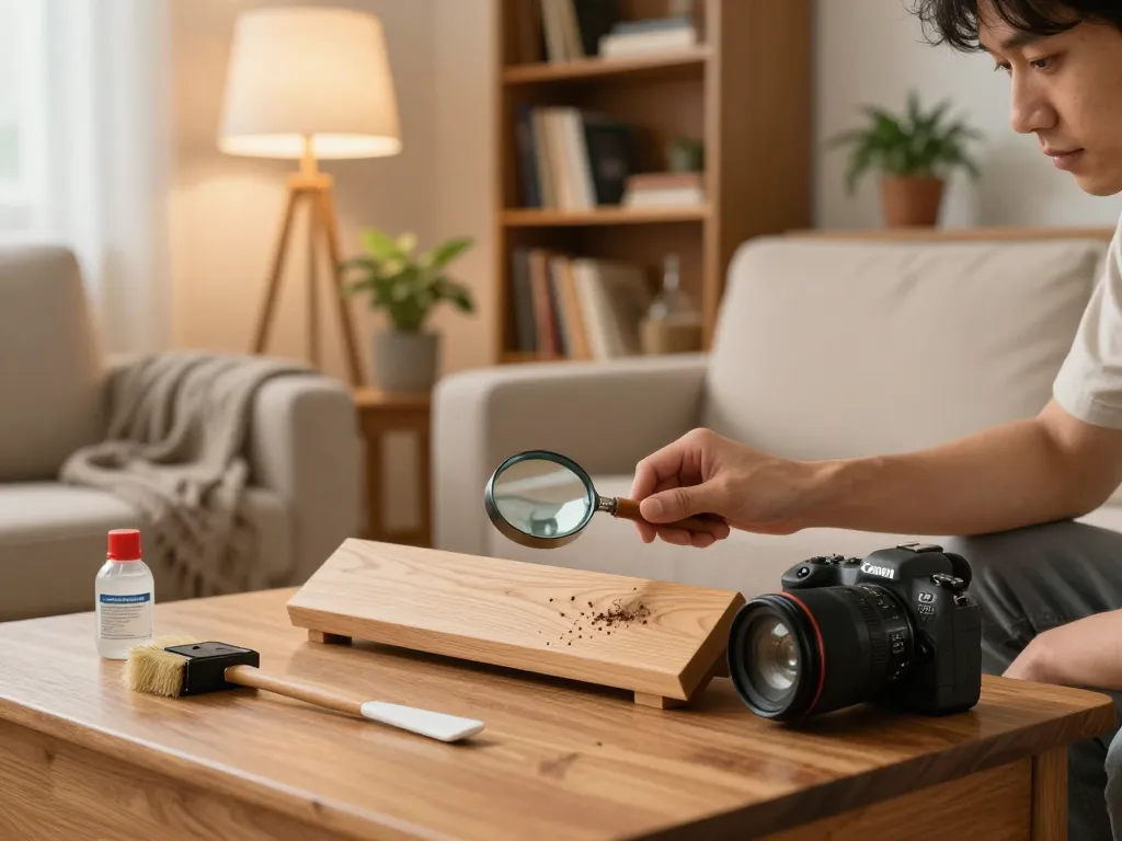 Ispezionare i mobili in legno per eliminare tarli con strumenti in un'accogliente soggiorno