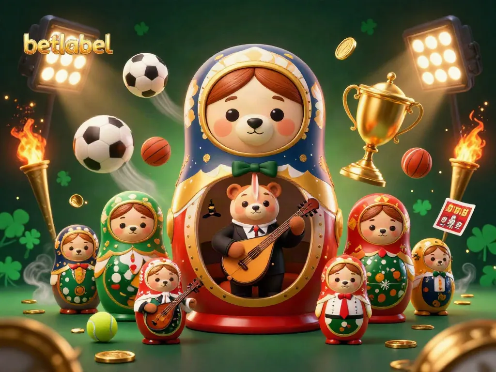 Betlabel casino scene depicting playful Matryoshka bears and vibrant sports elements.