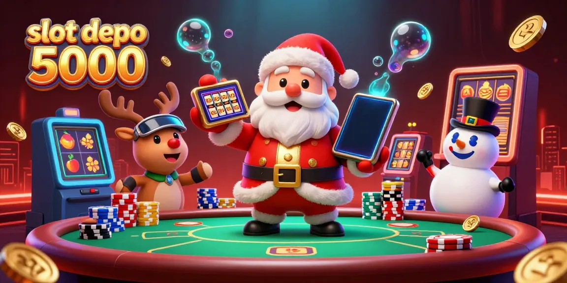 Experience fun with slot depo 5000 through a lively illustration of Santa and friends celebrating wins in a glowing casino.