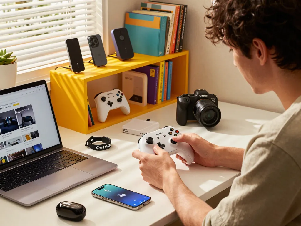 Young adult exploring cool tech gadgets under $140, featuring Bluetooth devices like the 8BitDo Ultimate controller and Fitbit Charge 6.