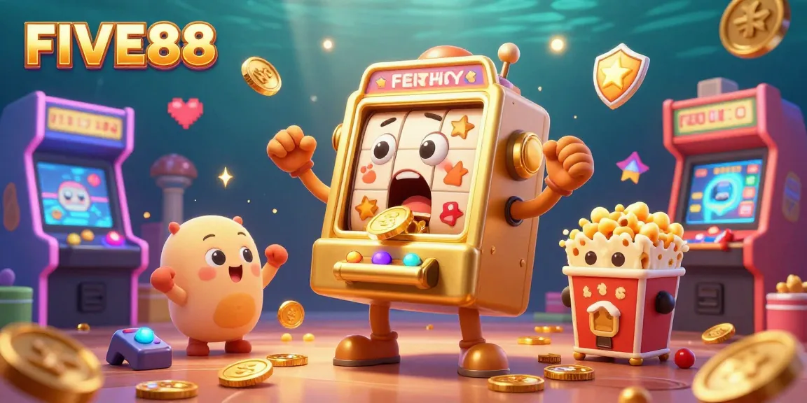 Experience the excitement of FIVE88 as a golden slot machine hits a jackpot surrounded by cheering machines and arcade elements.