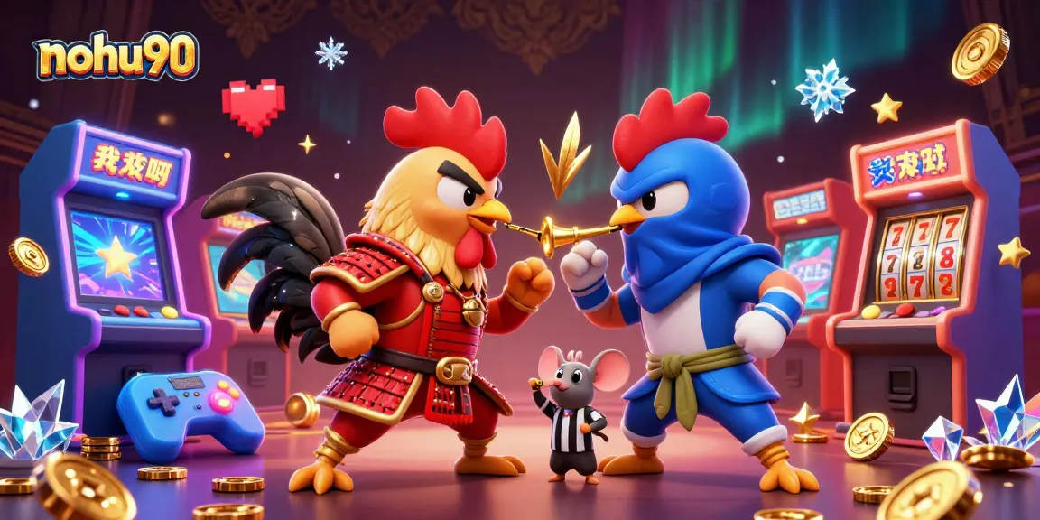 Engage in thrilling nohu90 gameplay with 3D roosters, arcade machines, and vibrant casino elements.