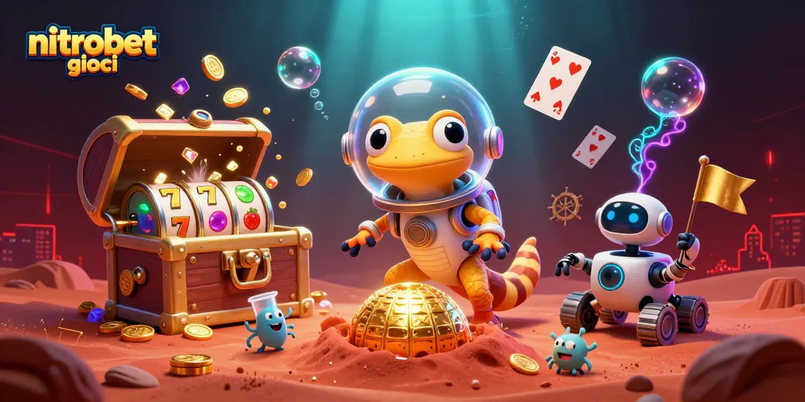 Gioca alle slot e scopri il mondo di NitroBet Giochi con un gecko spaziale in un casinò dorato.