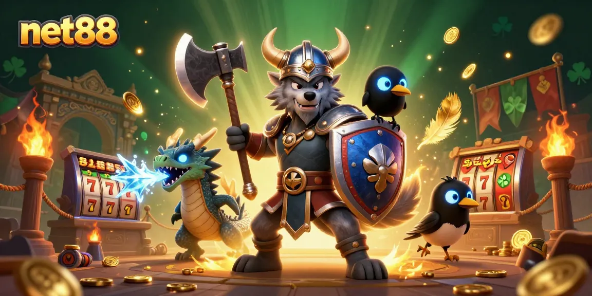 Experience net88 slots with a Viking warrior, fierce dragon, and vibrant casino elements.