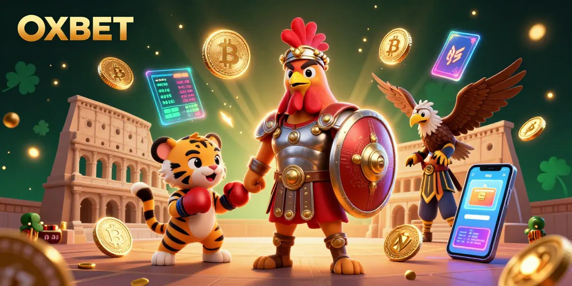 Experience the excitement of OXBET with a 3D illustration showcasing a gladiator rooster and crypto elements in a dynamic casino scene.