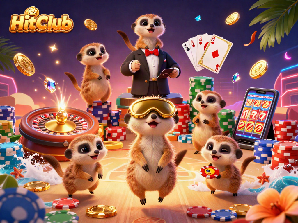 HitClub showcases meerkats running a vibrant casino scene filled with golden coins and sparkling gems.