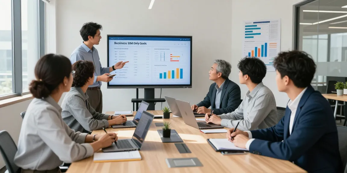 Compare business SIM only deals UK in a modern office conference setting with professionals collaborating over plans.