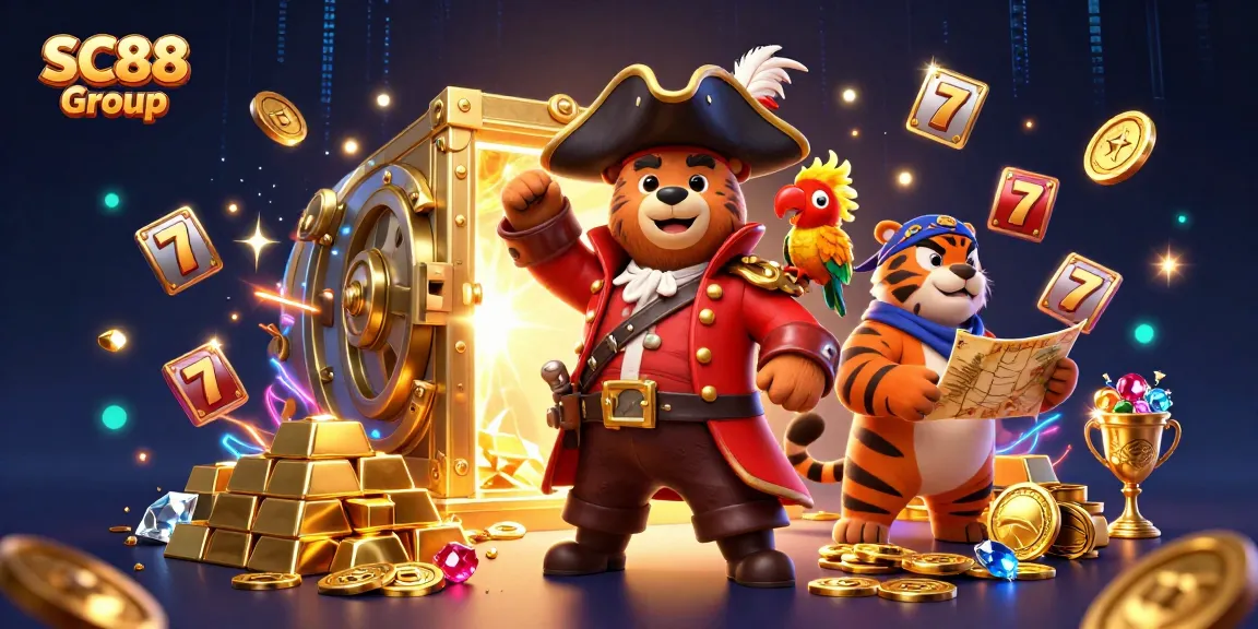 Engage with SC88 Group's vibrant casino experience, featuring pirate-themed characters amidst treasures and games.