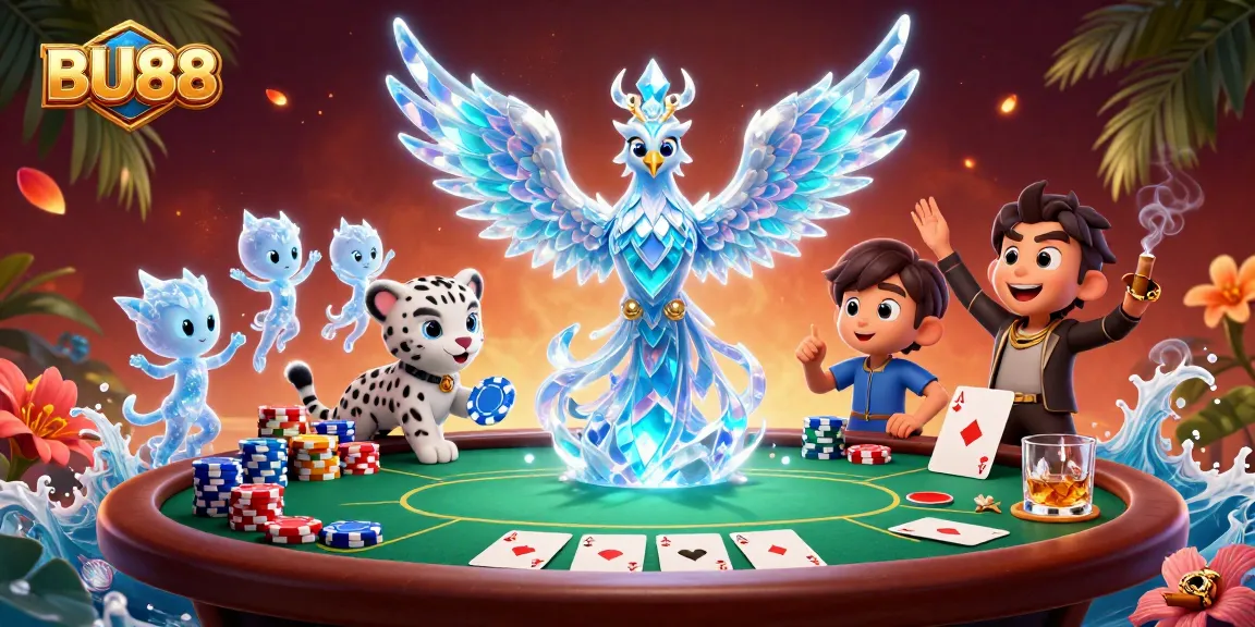 Engage with thrilling BU88 poker action featuring an ice phoenix, snow leopard, and ice sprites.