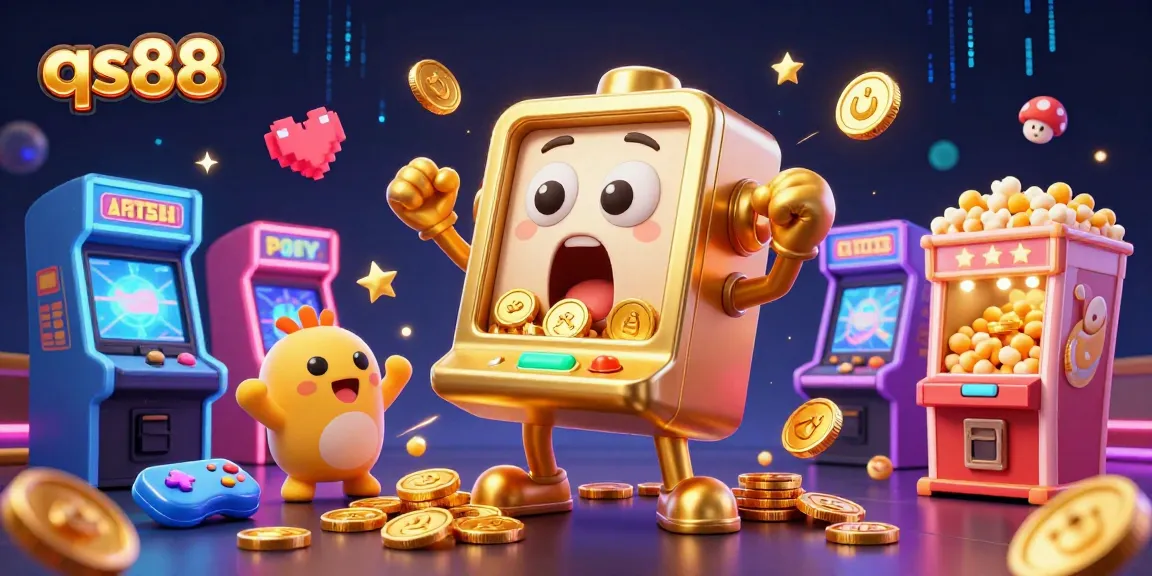 Experience qs88's thrilling jackpot with a golden slot machine, baby slots cheering, and colorful arcade games!