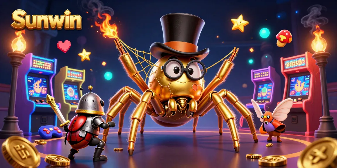 Sunwin's vibrant 3D scene showcases a whimsical tarantula and knight in a bustling casino.