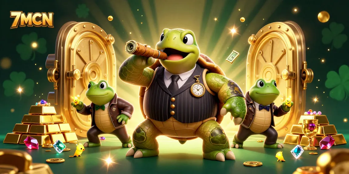 Experience 7MCN Sports Betting with lively cartoon turtles and bullfrogs, treasure, and casino elements.