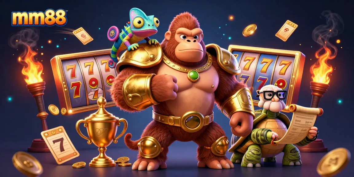 Experience the thrill of mm88 as the mighty gorilla king celebrates winnings amidst vibrant slot game elements.