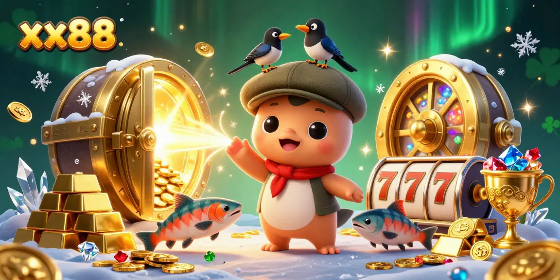 Win treasures at xx88 with 3D cartoon characters in a vibrant casino world, surrounded by gems and gold.