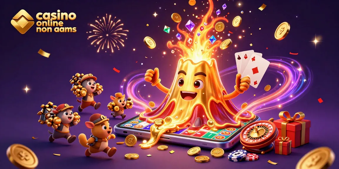 Experience excitement at casino online non aams with playful characters and erupting treasures, showcasing vibrant gaming elements.