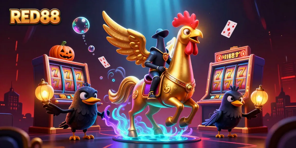 Experience the thrill of gaming at RED88 with a dynamic illustration of a golden rooster and casino elements.