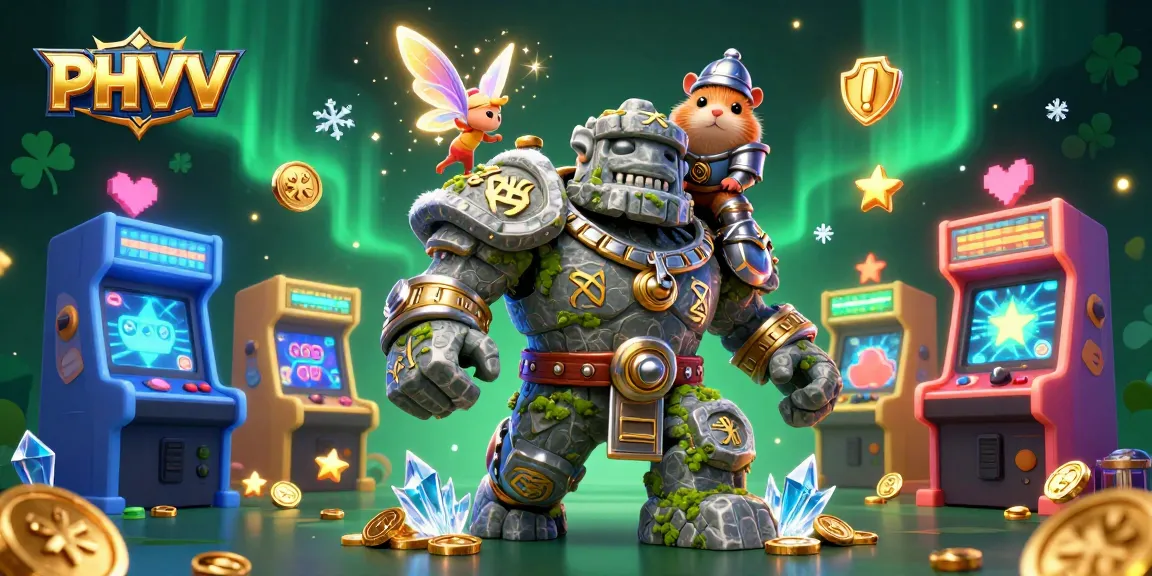 Engage with the PHVVV game's magical realm featuring a golem guardian and bright arcade elements.