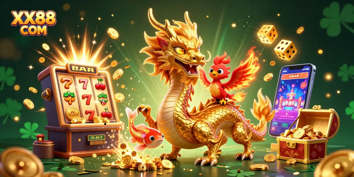 Experience the thrill of gaming with XX88 COM's vibrant 3D casino illustration featuring dragons and jackpots.