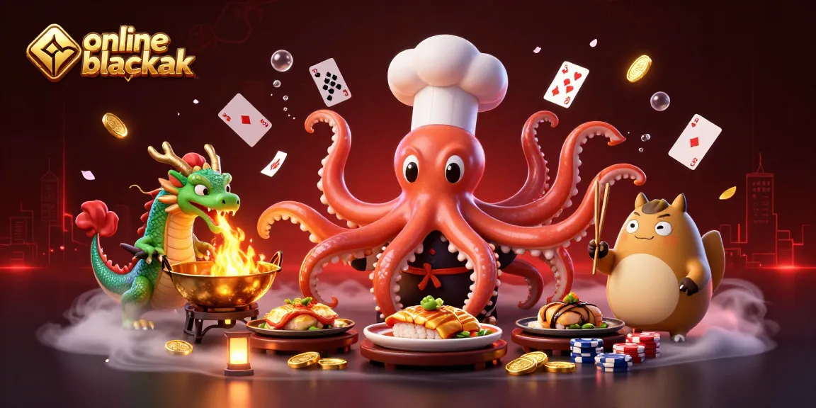 Engage with online blackjack through a vibrant scene showcasing a sushi chef octopus, dragon fire, and dynamic gaming elements.