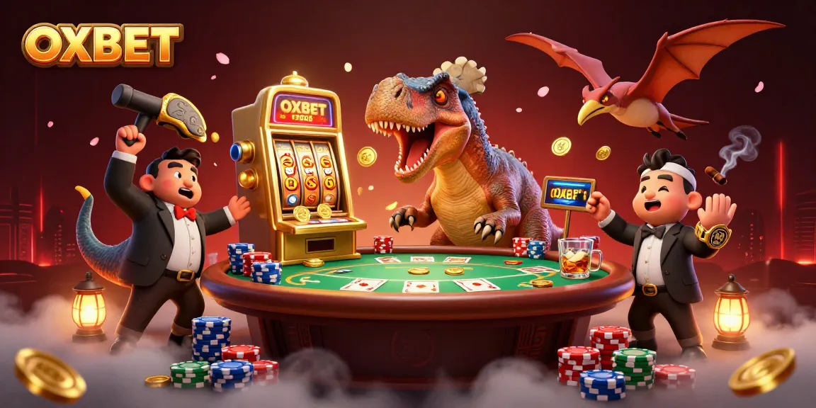 Experience OXBET with a vibrant illustration of a pachycephalosaurus celebrating a jackpot in a casino setting