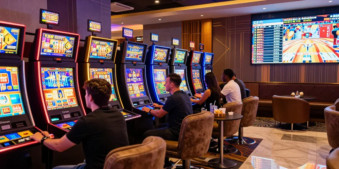 Raja88 pemain bersenang-senang di mesin slot modern dengan suasana kasino yang cerah.